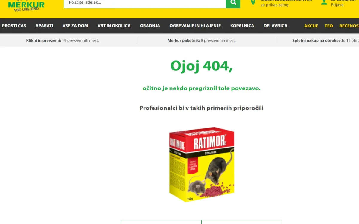 Kako je Merkur stran 404 izkoristil za oglasni prostor